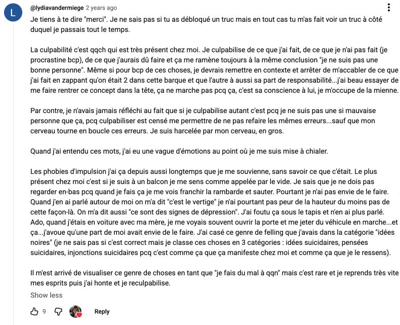 Capture du commentaire de Lydia sur les contenus de Léonie.