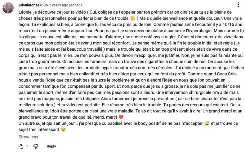 Capture du commentaire de Loularonze sur les contenus de Léonie.