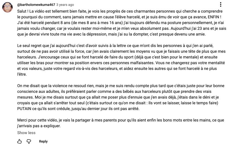 Capture du commentaire de Bartholomew sur les contenus de Léonie.