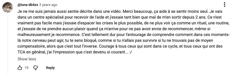 Capture du commentaire de Luna sur les contenus de Léonie.