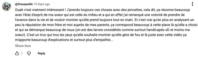 Capture du commentaire de Drauqwelle sur les contenus de Léonie.