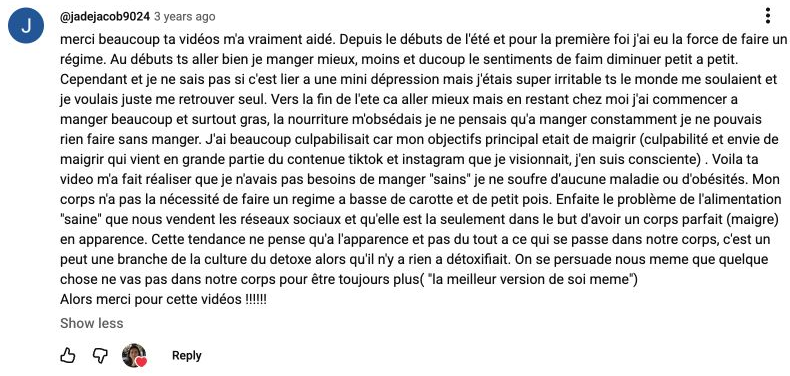 Capture du commentaire de Jade sur les contenus de Léonie.